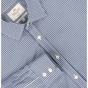 Hawes & Curtis Shirt Mens 17 36/37 Blue Gingham Slim Fit Non Iron Dress Cotton